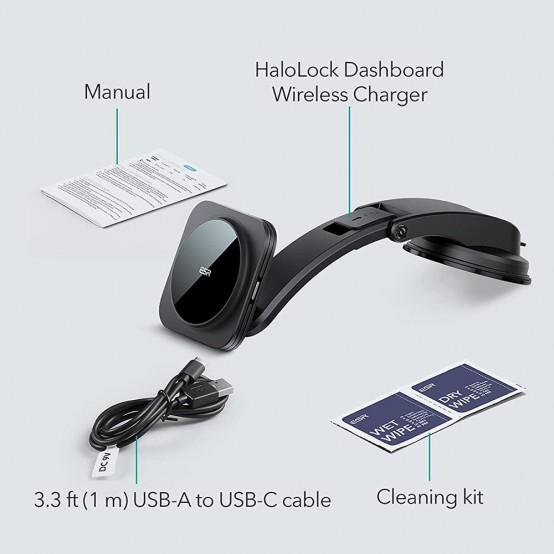 Alimentator  Car Holder with Wireless Charger HaloLock - MagSafe Compatible for Dashboard, 15W - Black