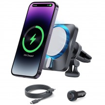 Alimentator  [3pcs Bundle] Car Holder with Wireless Charger CryoBoost  - with Cable, Car Charger, MagSafe, Apple MFi - Silver 2