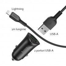 Alimentator Hoco Car Charger Farsighted  - 2xUSB-A, QC 3.0, 18W, 3A with USB-A to Lightning Cable 1m - Black Z39