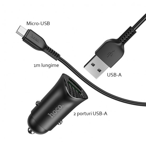 Alimentator Hoco Car Charger Farsighted  - 2xUSB-A, QC 3.0, 18W, 3A with USB-A to Micro-USB Cable 1m - Black Z39