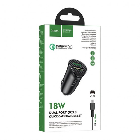 Alimentator Hoco Car Charger Farsighted  - 2xUSB-A, QC 3.0, 18W, 3A with USB-A to Micro-USB Cable 1m - Black Z39