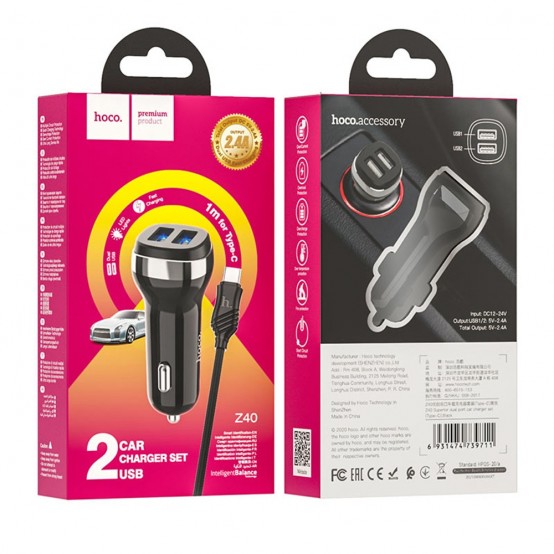 Alimentator Hoco Car Charger Superior  - 2xUSB-A, 12W, 2.4A with USB-A to USB Type-C Cable 1m - Black Z40