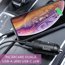 Alimentator Hoco Car Charger Speed Up  - USB-A, USB Type-C, QC 3.0, PD 18W, 3A - Black Z32B