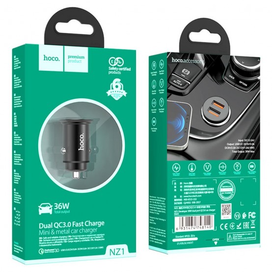 Alimentator Hoco Car Charger  - 2xUSB-A, QC 3.0, 36W, 3A - Black NZ1 Developer