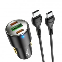 Alimentator Hoco Car Charger  - USB-A, 2xUSB Type-C, QC 3.0, PD 45W, 5A with Type-C to Type-C Cable 1m - Black NZ6