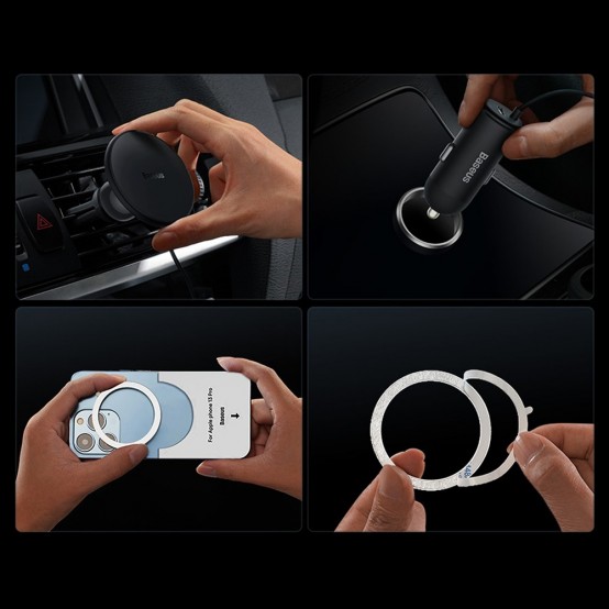 Alimentator Baseus MagSafe Car Charger CW01  - with AirVent Holder, USB-A 25W, 15W for Wireless Charging - Black SUCX040001