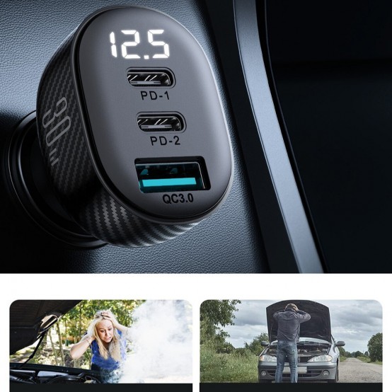 Alimentator JoyRoom Car Charger  - USB, 2x Type-C, Digital Display, Fast Charging, 3A, 30W - Black JR-CCD04