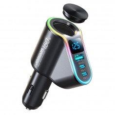 Alimentator JoyRoom Car Charger 4in1  - USB, 2xType-C, Cigarette Lighter Socket, RGB Lights, Digital Display, 150W - Black JR-C
