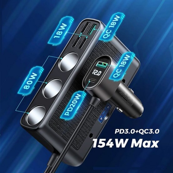 Alimentator JoyRoom Car Charger  - Ports Extensions with 3x Cigarette Lighter, 5x USB, Type-C, Fast Charge 145W - Black JR-CL06
