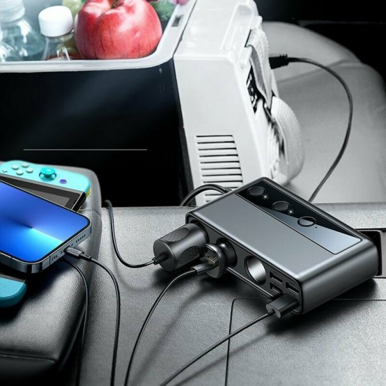 Alimentator JoyRoom Car Charger  - Ports Extensions with 3x Cigarette Lighter, 5x USB, Type-C, Fast Charge 145W - Black JR-CL06