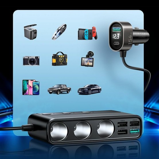 Alimentator JoyRoom Car Charger  - Ports Extensions with 3x Cigarette Lighter, 5x USB, Type-C, Fast Charge 145W - Black JR-CL06