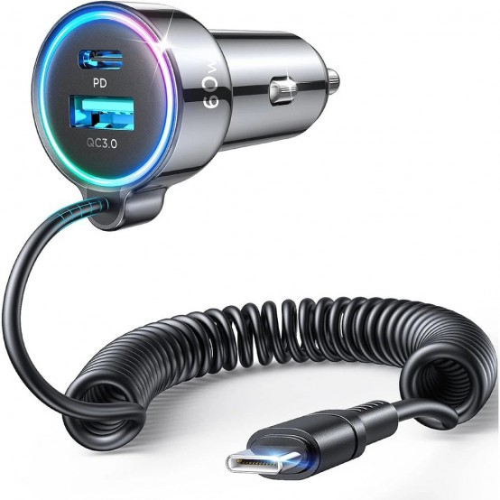 Alimentator JoyRoom Car Charger  - 3x USB, Type-C, RGB Lights, Fast Charging, 60W, with Cable Type-C, 1.5m - Black JR-CL07