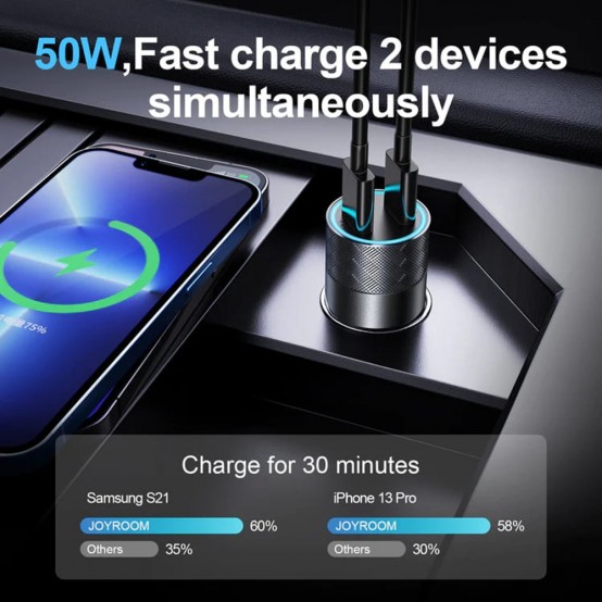 Alimentator JoyRoom Car Charger  - 2x Type-C, LED Light, Fast Charging, 50W - Gray JR-CL13