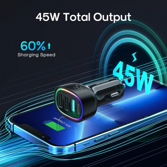 Alimentator JoyRoom Car Charger  - 3x USB, Type-C, RGB LED Lights, Fast Charging, 45W - Black JR-CL09