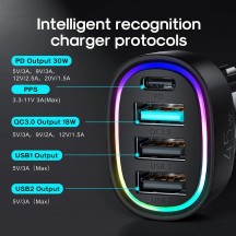 Alimentator JoyRoom Car Charger  - 3x USB, Type-C, RGB LED Lights, Fast Charging, 45W - Black JR-CL09