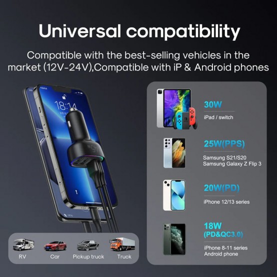 Alimentator JoyRoom Car Charger  - 3x USB, Type-C, RGB LED Lights, Fast Charging, 45W - Black JR-CL09