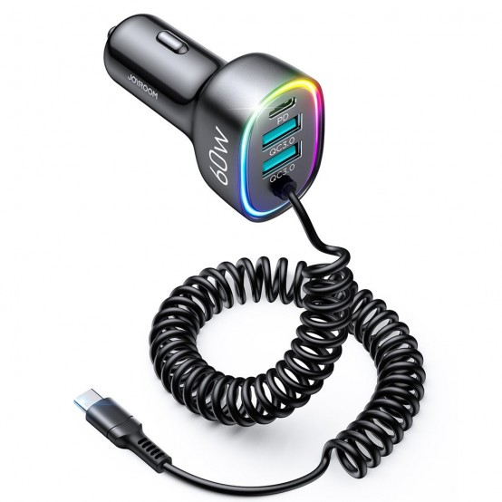 Alimentator JoyRoom Car Charger  - 2x USB, Type-C, RGB Lights, Fast Charging, 60W, with Cable Type-C - Black JR-CL19