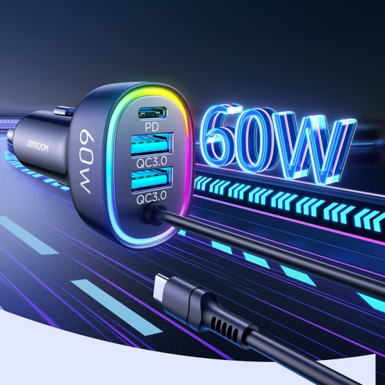 Alimentator JoyRoom Car Charger  - 2x USB, Type-C, RGB Lights, Fast Charging, 60W, with Cable Type-C - Black JR-CL19