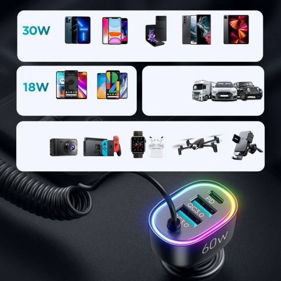 Alimentator JoyRoom Car Charger  - 2x USB, Type-C, RGB Lights, Fast Charging, 60W, with Cable Type-C - Black JR-CL19