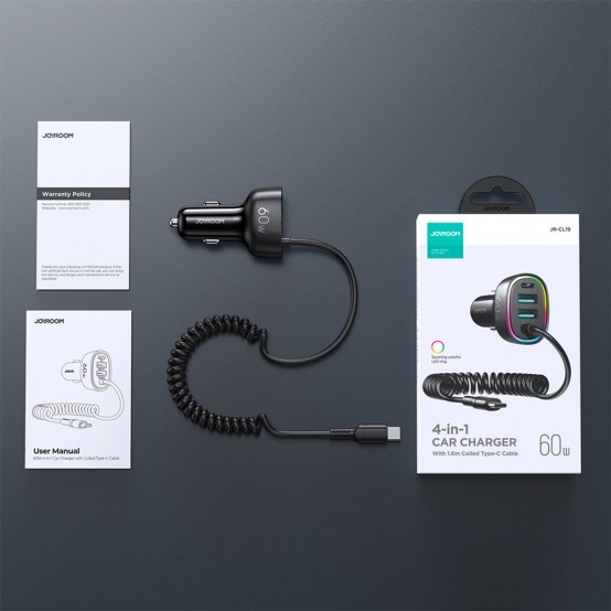 Alimentator JoyRoom Car Charger  - 2x USB, Type-C, RGB Lights, Fast Charging, 60W, with Cable Type-C - Black JR-CL19