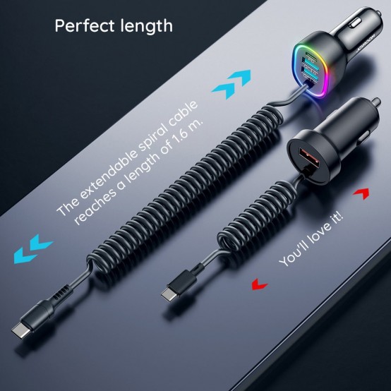 Alimentator JoyRoom Car Charger  - 2x USB, Type-C, RGB Lights, Fast Charging, 60W, with Cable Type-C - Black JR-CL19