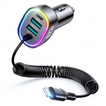 Alimentator JoyRoom Car Charger  - 2x USB, Type-C, RGB Lights, Fast Charging, 57W, with Cable Lightning - Black JR-CL20