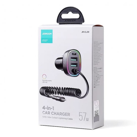 Alimentator JoyRoom Car Charger  - 2x USB, Type-C, RGB Lights, Fast Charging, 57W, with Cable Lightning - Black JR-CL20