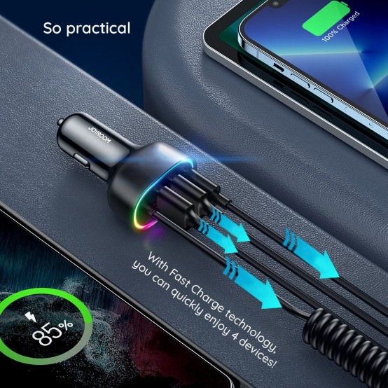 Alimentator JoyRoom Car Charger  - 2x USB, Type-C, RGB Lights, Fast Charging, 57W, with Cable Lightning - Black JR-CL20
