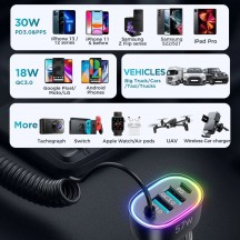 Alimentator JoyRoom Car Charger  - 2x USB, Type-C, RGB Lights, Fast Charging, 57W, with Cable Lightning - Black JR-CL20