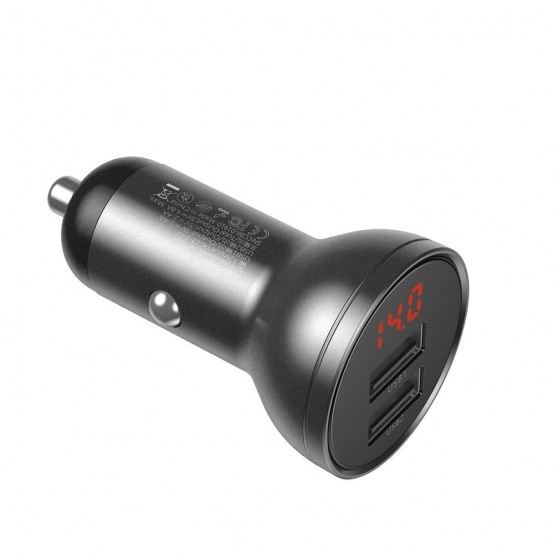 Alimentator Baseus Car Charger  - Digital Display, 2xUSB-A, 24W with Cable USB to Type-C, Lightning, Micro-USB - Black TZCCBX-0G