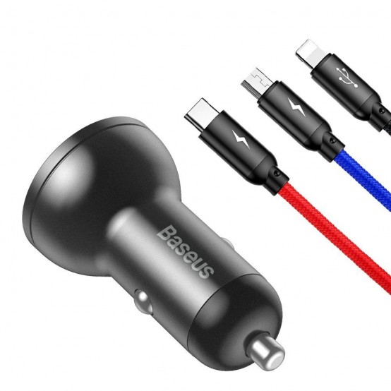 Alimentator Baseus Car Charger  - Digital Display, 2xUSB-A, 24W with Cable USB to Type-C, Lightning, Micro-USB - Black TZCCBX-0G