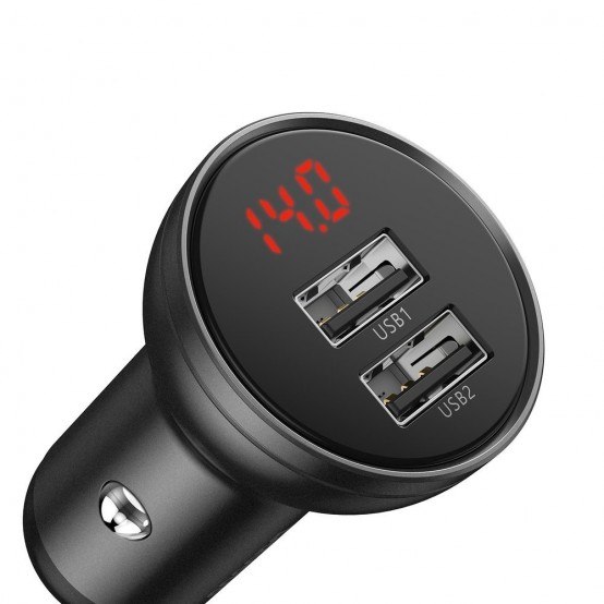 Alimentator Baseus Car Charger  - Digital Display, 2xUSB-A, 24W with Cable USB to Type-C, Lightning, Micro-USB - Black TZCCBX-0G