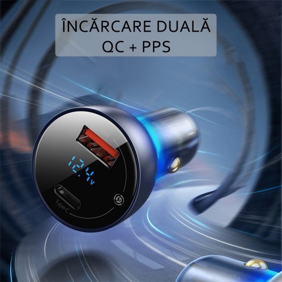 Alimentator Baseus Car Charger  - Type-C PD65W, USB QC4.0 - Clear CCKX-C0A
