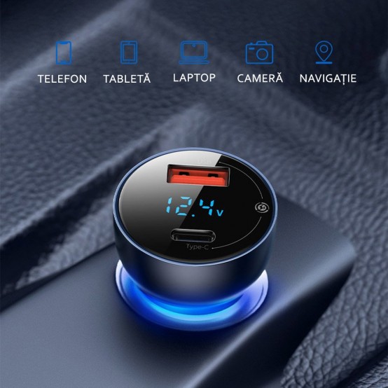 Alimentator Baseus Car Charger  - Type-C PD65W, USB QC4.0 - Clear CCKX-C0A