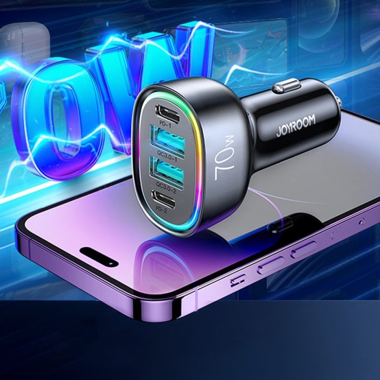 Alimentator JoyRoom Car Charger  - 2x USB, 2x Type-C, RGB LED Lights, Fast Charging, 70W - Black JR-CL29