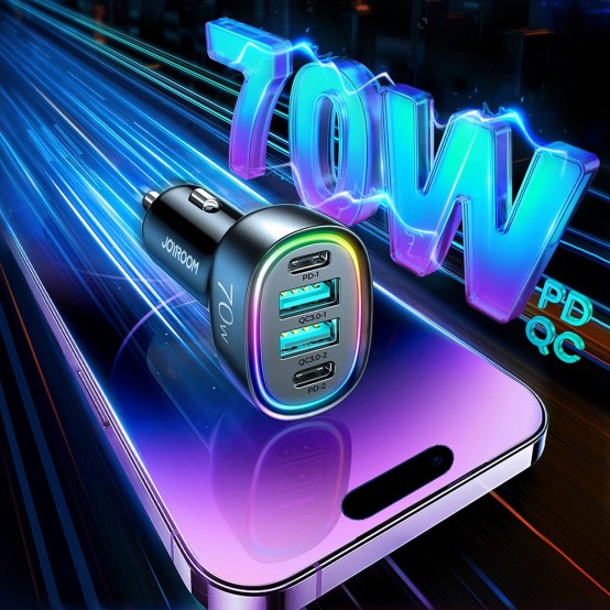Alimentator JoyRoom Car Charger  - 2x USB, 2x Type-C, RGB LED Lights, Fast Charging, 70W - Black JR-CL29
