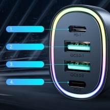 Alimentator JoyRoom Car Charger  - 2x USB, 2x Type-C, RGB LED Lights, Fast Charging, 70W - Black JR-CL29