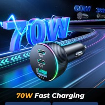 Alimentator JoyRoom Car Charger  - 2x Type-C, USB, RGB LED Lights, Fast Charging, 70W - Black JR-CL26