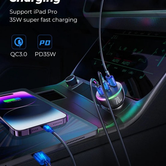 Alimentator JoyRoom Car Charger  - 2x Type-C, USB, RGB LED Lights, Fast Charging, 70W - Black JR-CL26