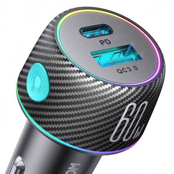 Alimentator JoyRoom Car Charger  - USB, Type-C, Button Switch, Fast Charging, 3A, 60W - Black JR-CCN01