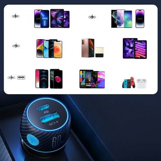 Alimentator JoyRoom Car Charger  - USB, Type-C, Button Switch, Fast Charging, 3A, 60W - Black JR-CCN01