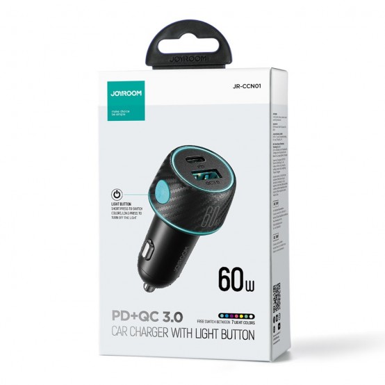 Alimentator JoyRoom Car Charger  - USB, Type-C, Button Switch, Fast Charging, 3A, 60W - Black JR-CCN01
