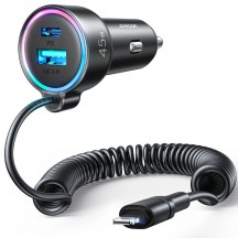 Alimentator JoyRoom Car Charger  - USB, Type-C, RGB Lights, Fast Charging 45W, with Cable Lightning, 1.5m - Black JR-CL08