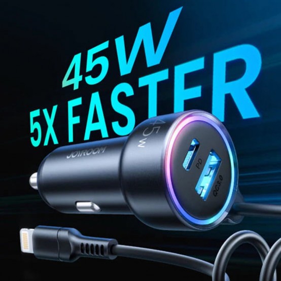Alimentator JoyRoom Car Charger  - USB, Type-C, RGB Lights, Fast Charging 45W, with Cable Lightning, 1.5m - Black JR-CL08