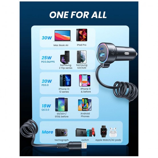 Alimentator JoyRoom Car Charger  - USB, Type-C, RGB Lights, Fast Charging 45W, with Cable Lightning, 1.5m - Black JR-CL08