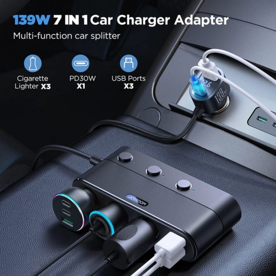 Alimentator JoyRoom Car Charger  - Ports Extensions with 3x Cigarette Lighter, 3x USB, Type-C, Fast Charging, 139W - Black JR-C