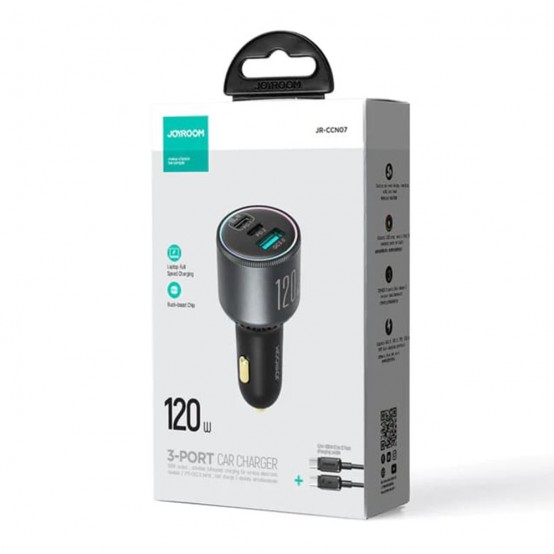 Alimentator JoyRoom Car Charger  - USB, 2x Type-C, RGB Light, Super Fast Charging, 5A, 120W - Dark Gray JR-CCN07