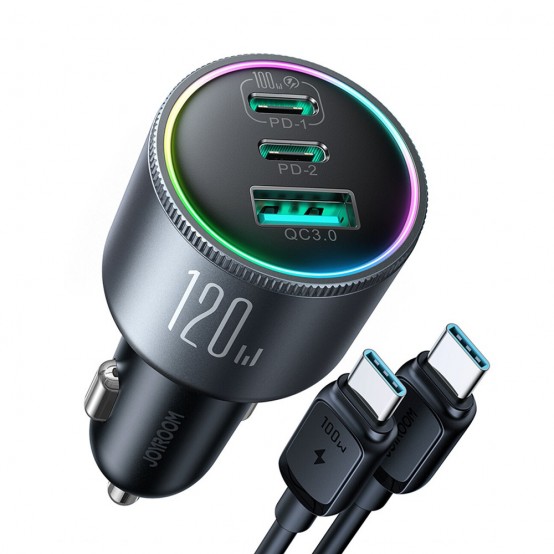 Alimentator JoyRoom Car Charger  - USB, 2x Type-C, RGB Light, Super Fast Charging, 5A, 120W - Dark Gray JR-CCN07