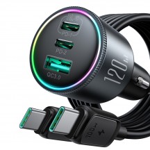 Alimentator JoyRoom Car Charger  - USB, 2x Type-C, RGB Light, Super Fast Charging, 5A, 120W - Dark Gray JR-CCN07