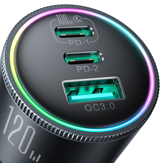 Alimentator JoyRoom Car Charger  - USB, 2x Type-C, RGB Light, Super Fast Charging, 5A, 120W - Dark Gray JR-CCN07